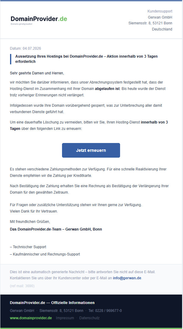 Screenshot einer Phishing-Mail im Namen von DomainProvider.de mit gefälschtem Absender und betrügerischem Zahlungslink
