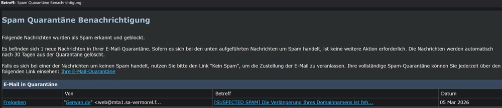 Screenshot einer Spam-Quarantäne, in der die Phishing-Mail automatisch als Spam erkannt und blockiert wurde