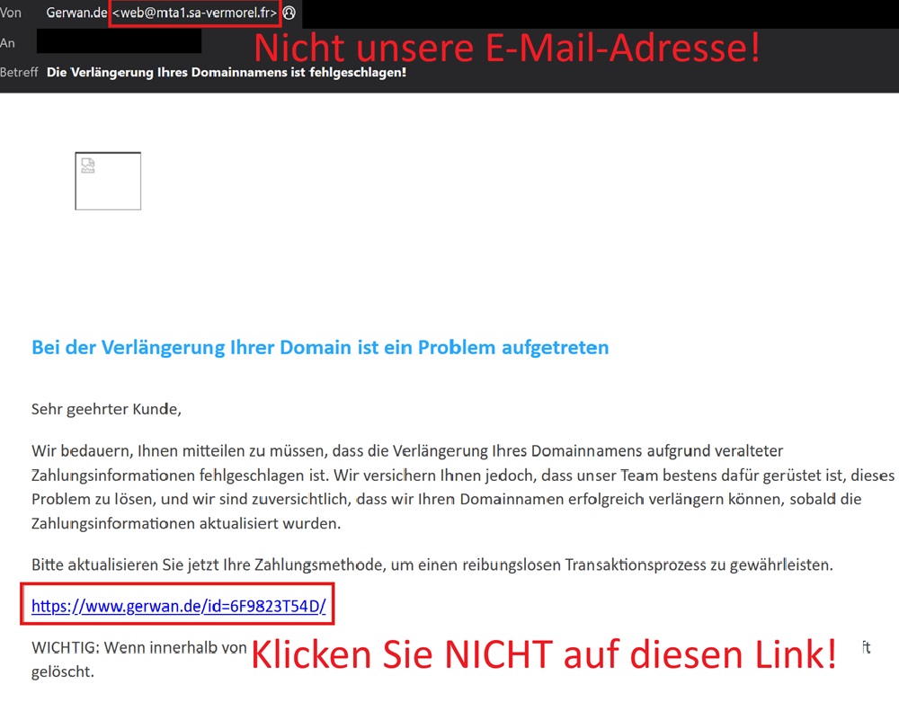Screenshot einer Phishing-Mail mit markiertem gefälschten Absender und gefährlichem Link
